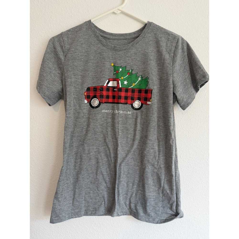 Holiday Time Womens Christmas Gray Plaid Truck Tree T Shirt Size S 4-6